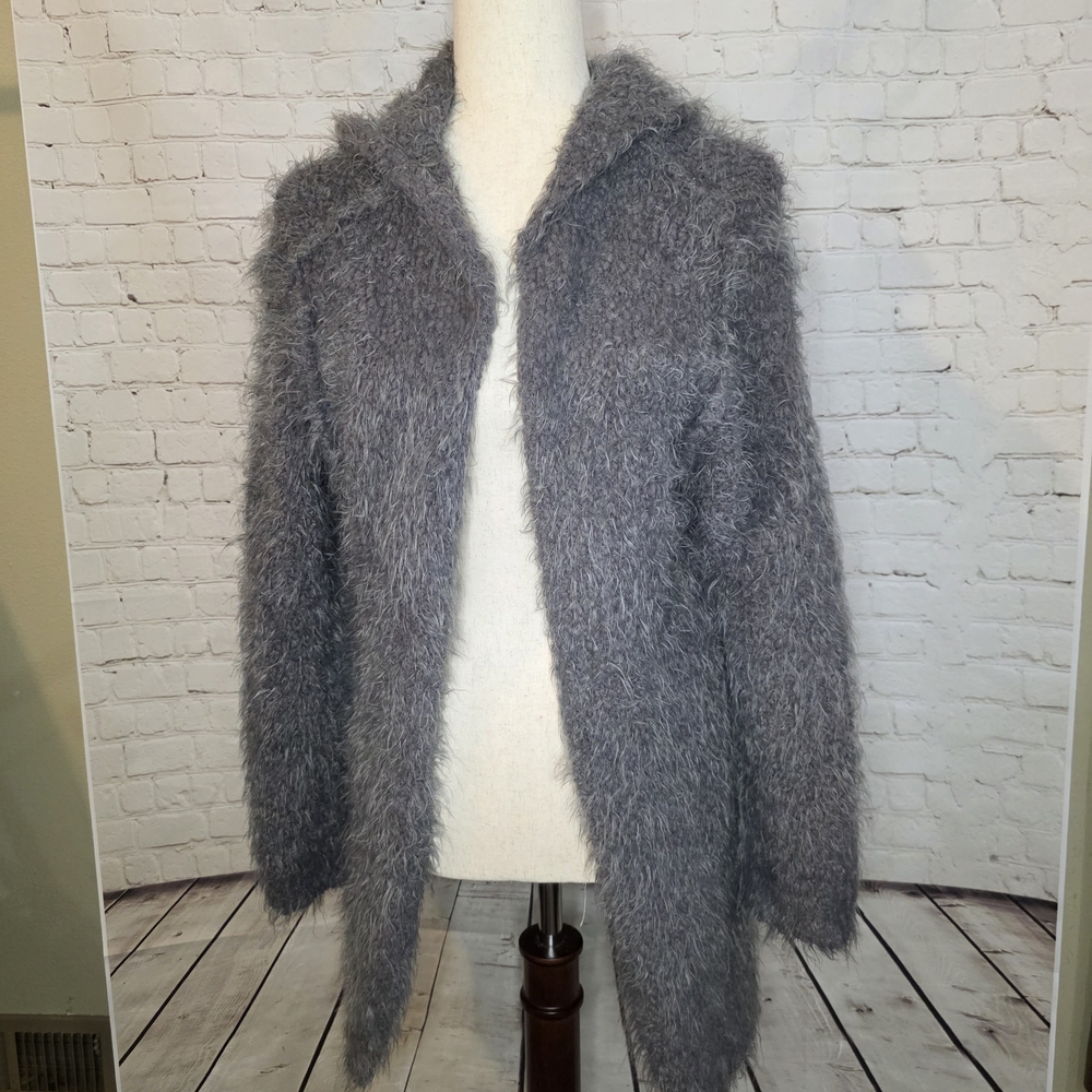 Military Hippie Gray‎ Shaggy Hooded Cardigan Sweater Fuzzy Boho Jacket L/XL